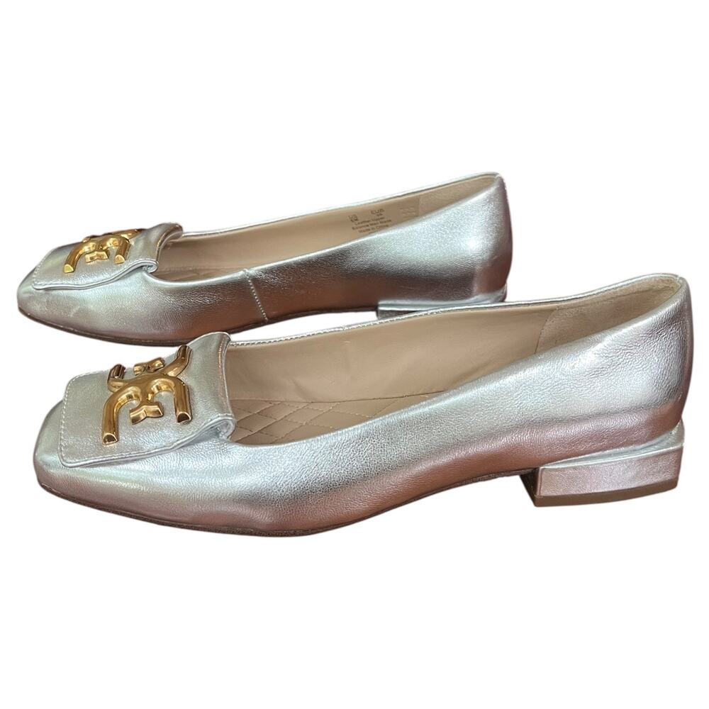 Sam Edleman Emina Square Toe Flat in Soft Silver Gold Logo Women's 6 EU 36